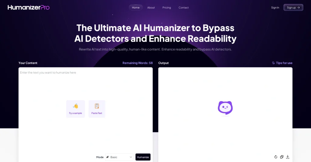 HumanizerPro interface showing homepage