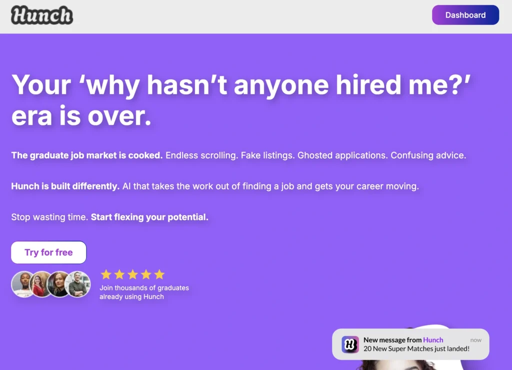 Hunch interface showing homepage