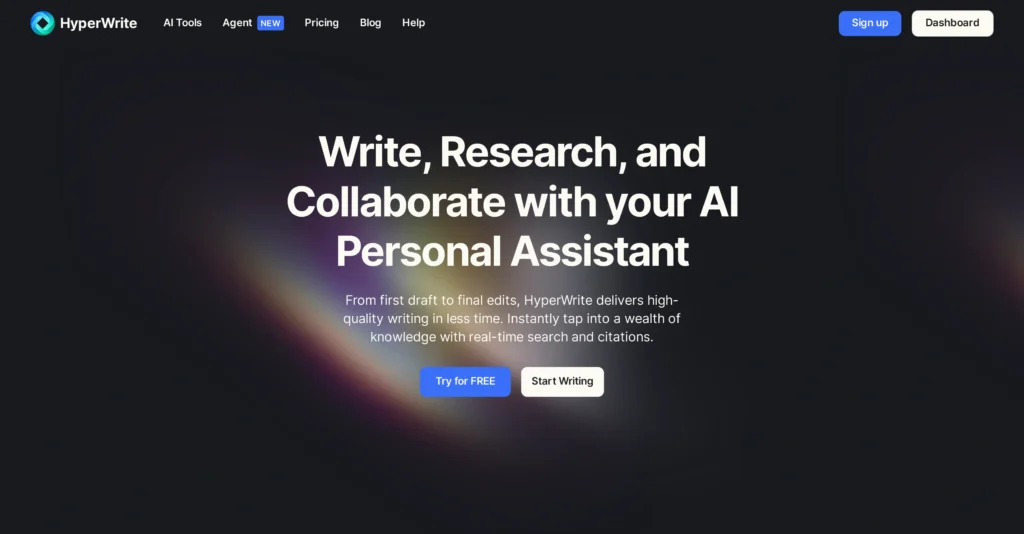 HyperWrite | AI Writing Assistant interface showing homepage