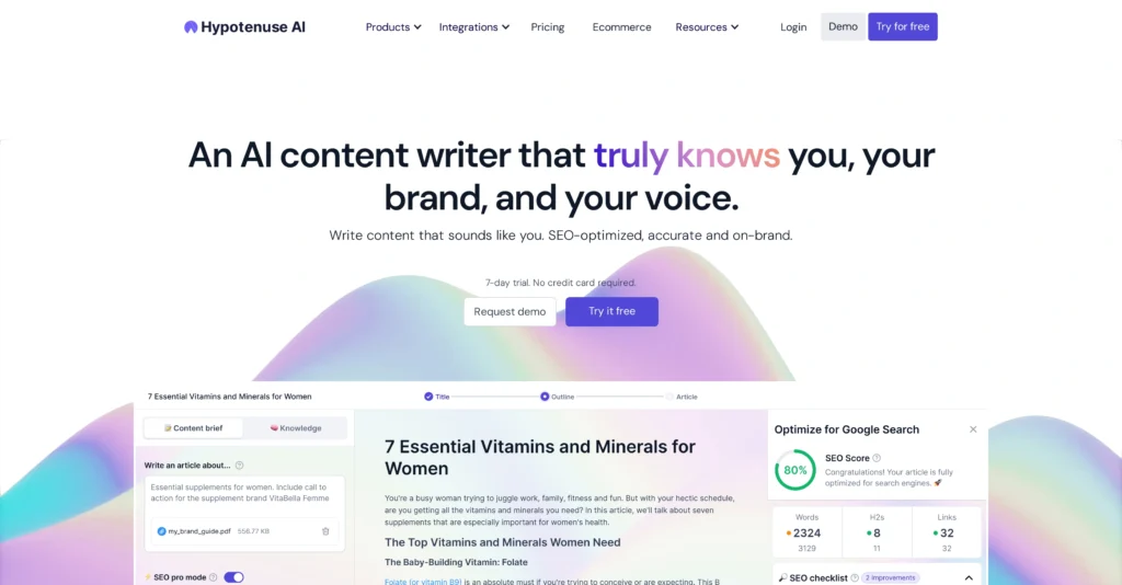 Hypotenuse AI interface showing homepage