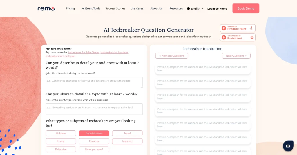 Icebreaker Question Generator interface showing homepage