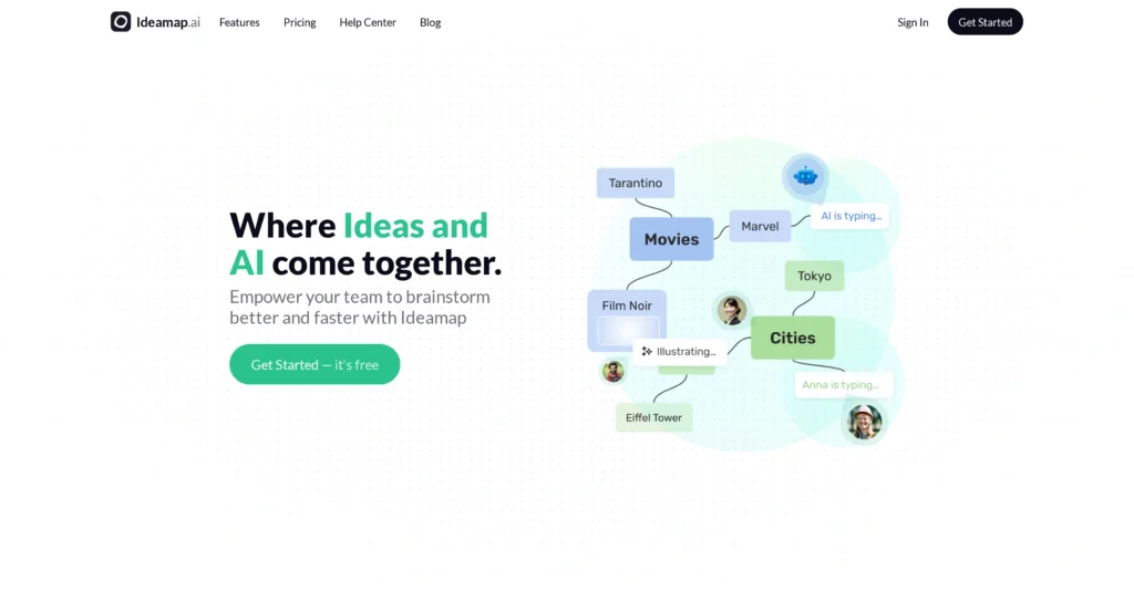 Ideamap - Brainstorm and Mindmap AI interface showing homepage