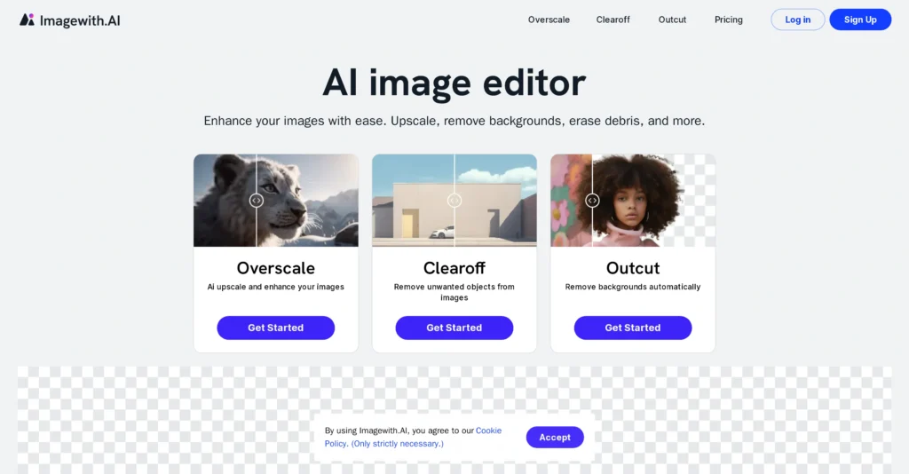 ImageWithAI interface showing homepage