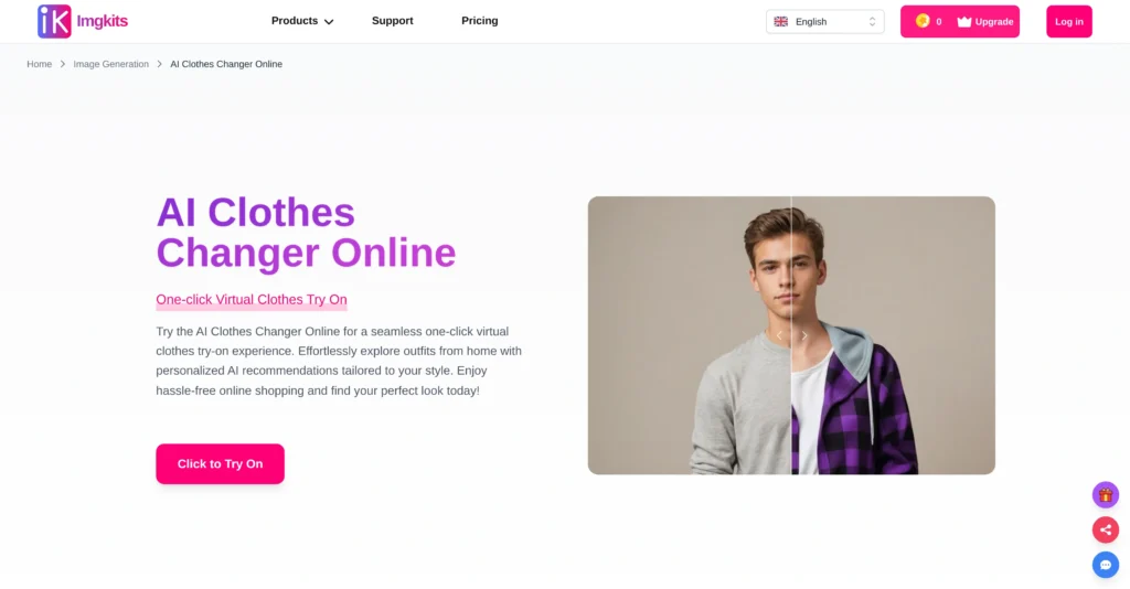 ImgKits AI Clothes Changer interface showing homepage