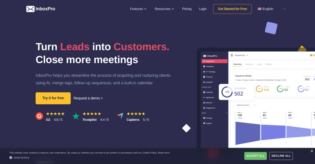 InboxPro interface showing homepage