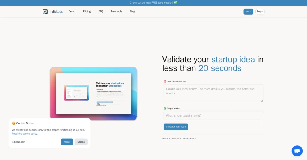 Indie Logs interface showing homepage