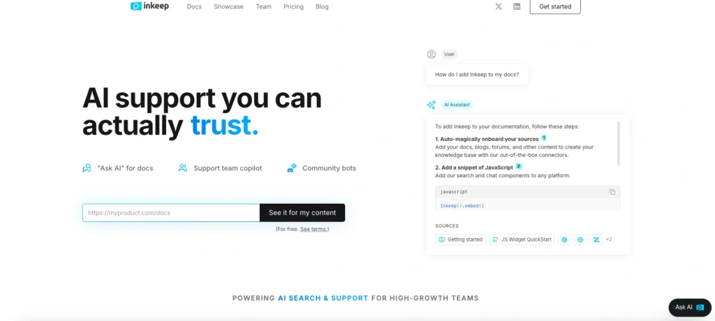 Inkeep interface showing homepage