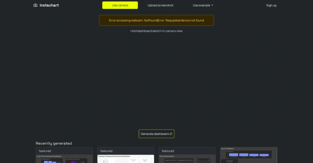 Instachart interface showing homepage