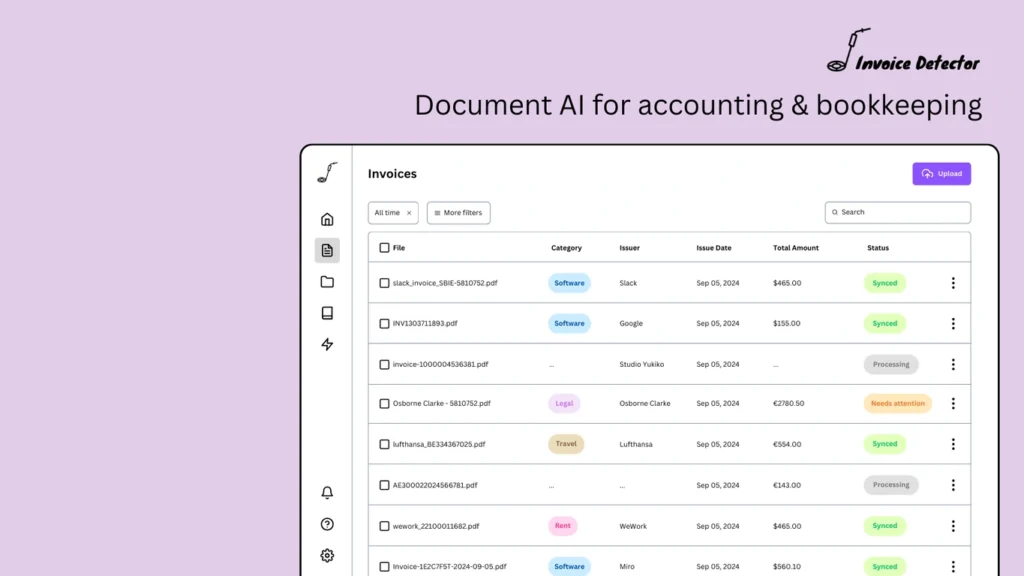 Invoice Detector interface showing homepage