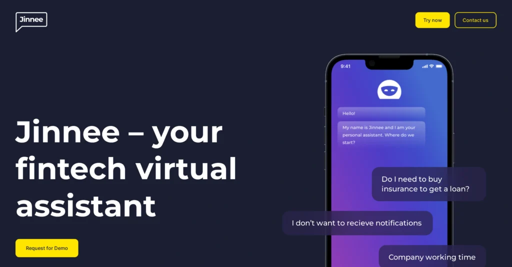 Jinnee for Fintech interface showing homepage