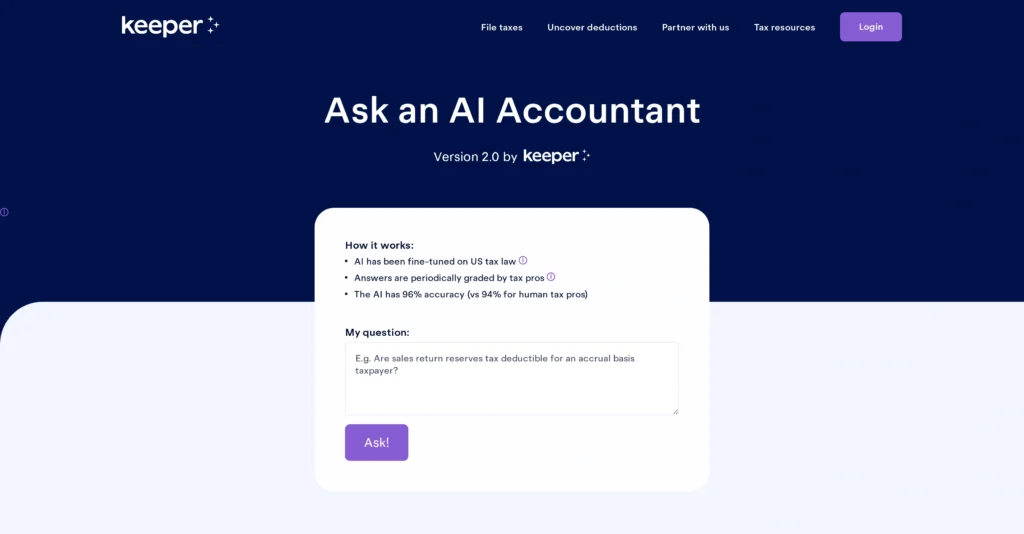 Keepertax interface showing homepage
