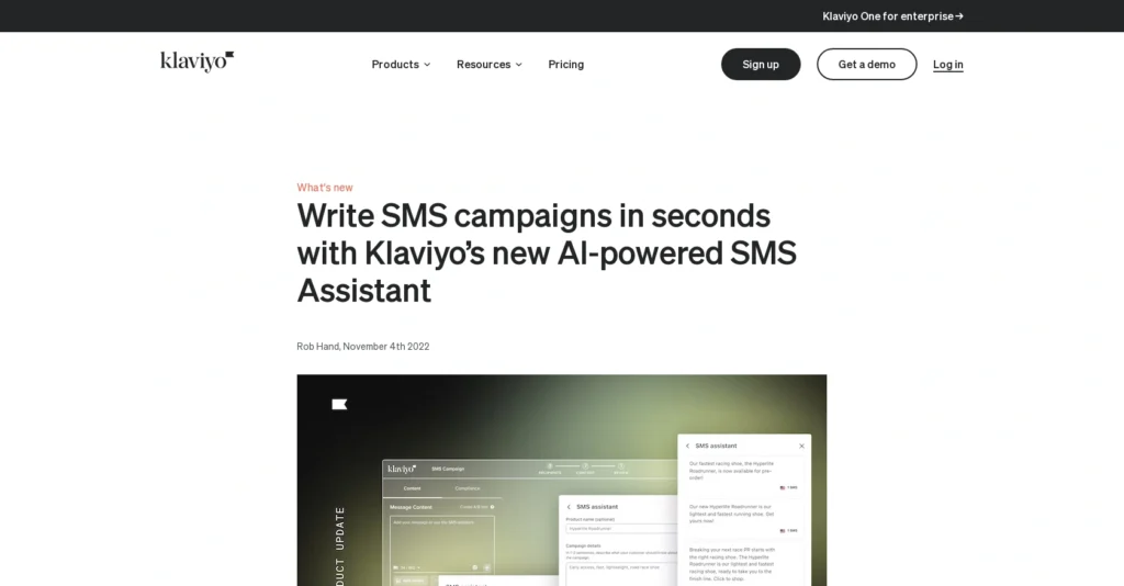 Klaviyo SMS Assistant interface showing homepage