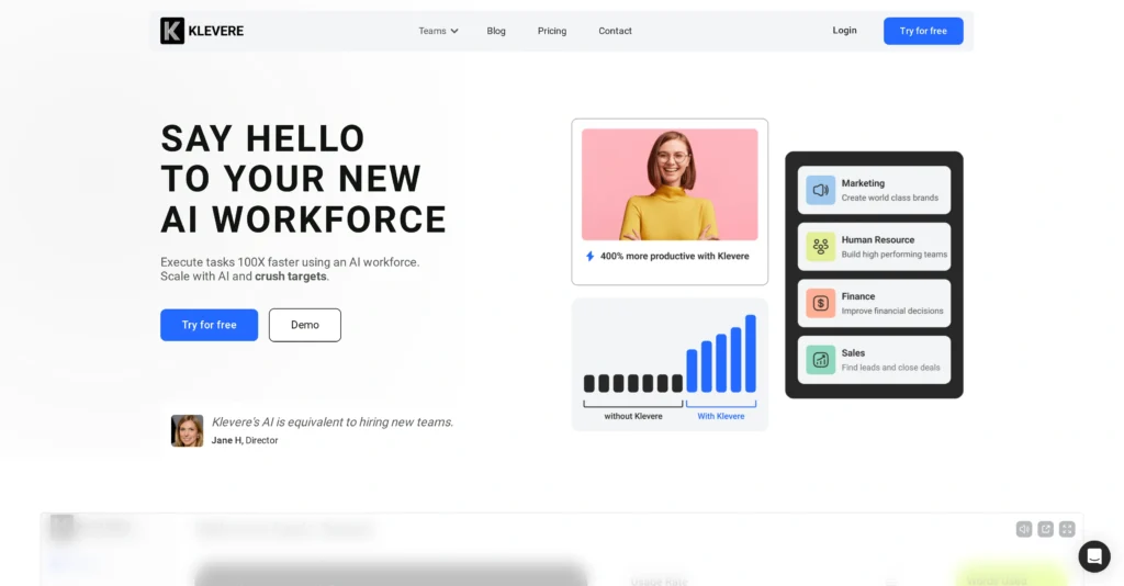 Klevere interface showing homepage