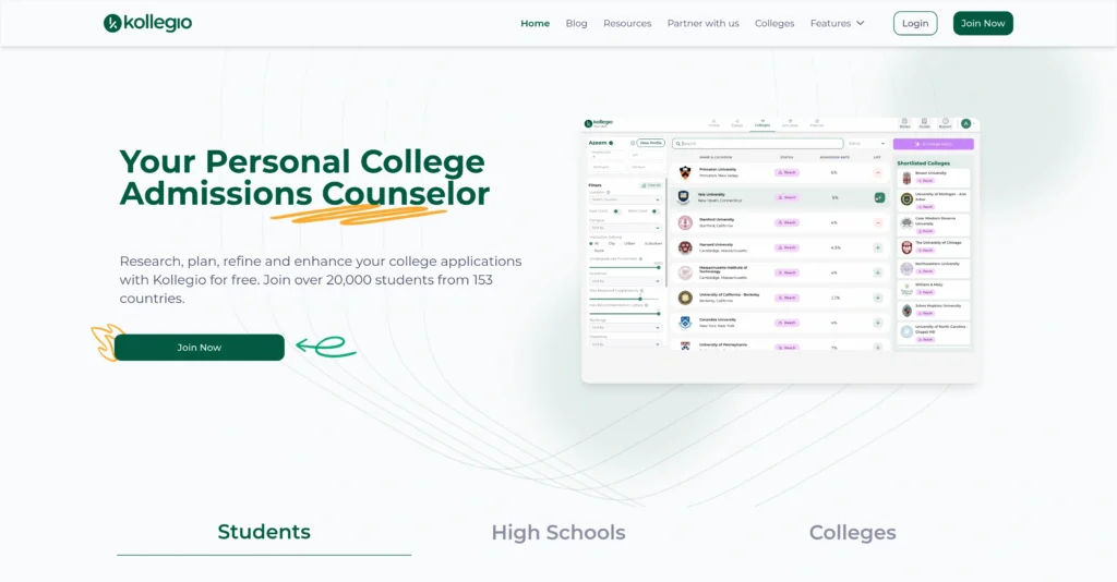 Kollegio AI interface showing homepage