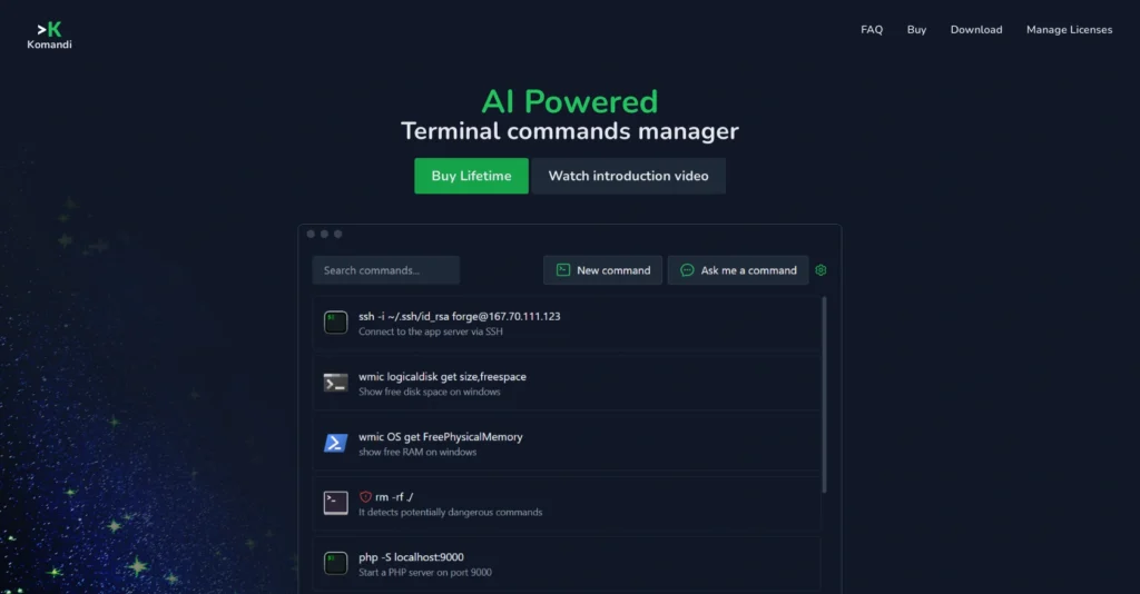 Komandi interface showing homepage