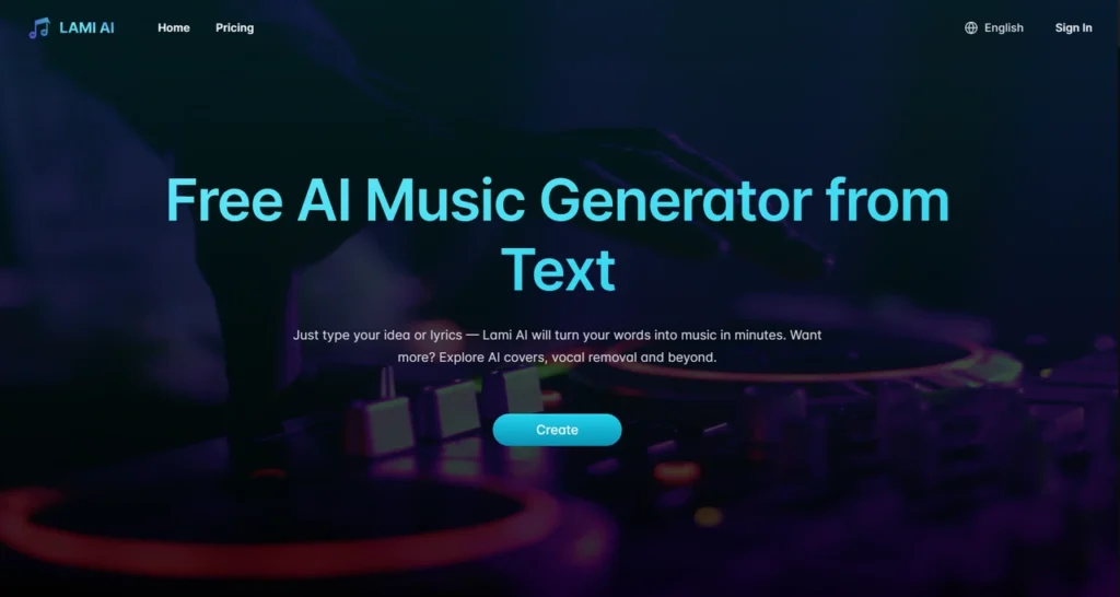 Lami AI Music Generator interface showing homepage