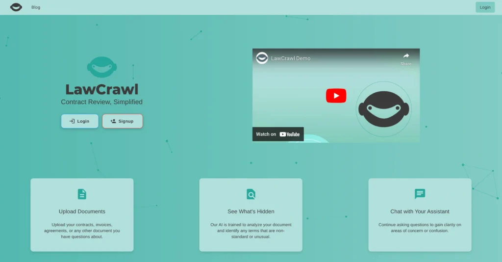 LawCrawl interface showing homepage
