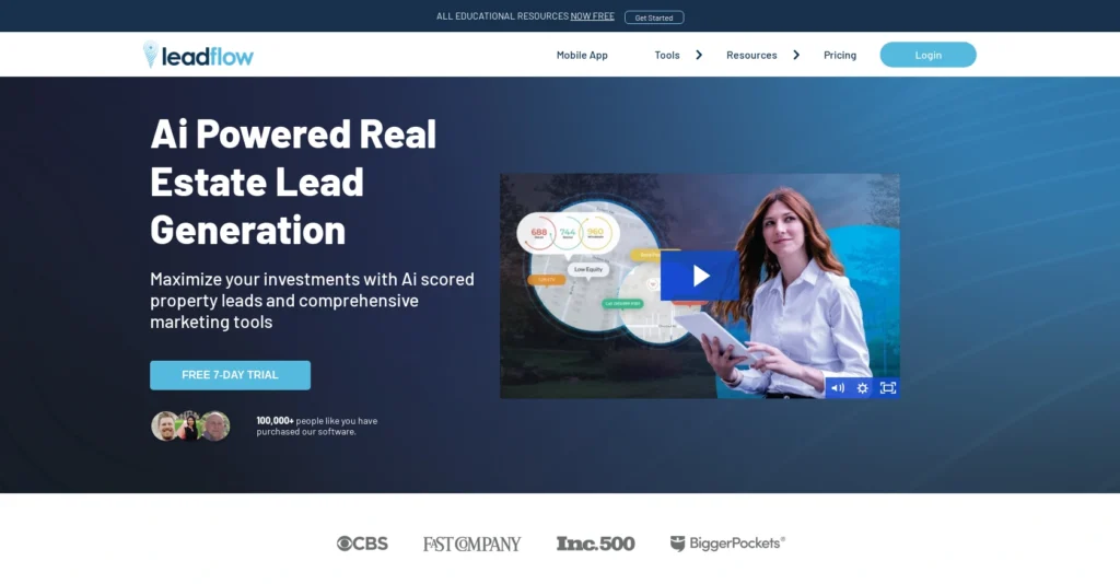 Leadflow interface showing homepage