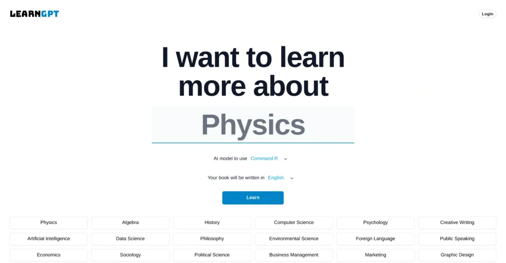 LearnGPT interface showing homepage