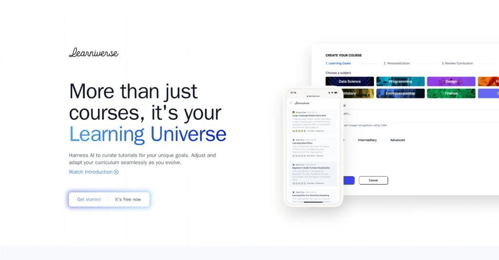 Learniverse interface showing homepage
