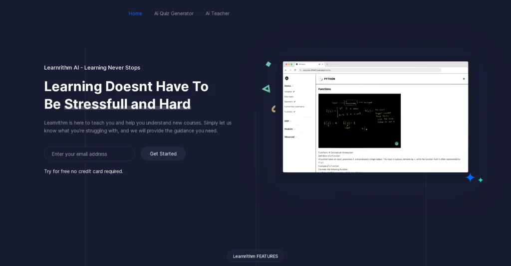 Learnrithm interface showing homepage