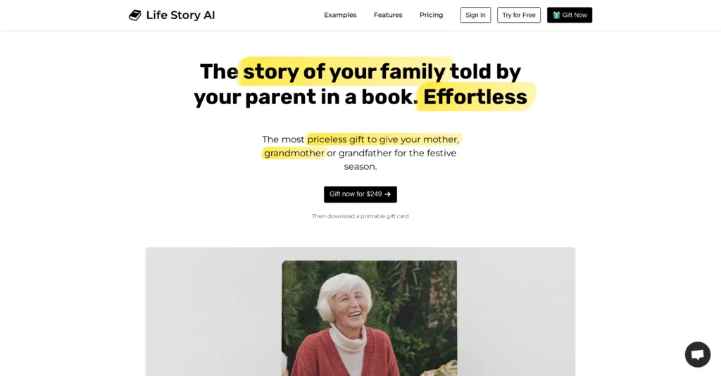 Life Story AI interface showing homepage