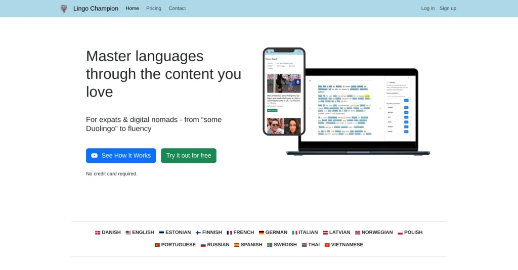Lingo Champion interface showing homepage