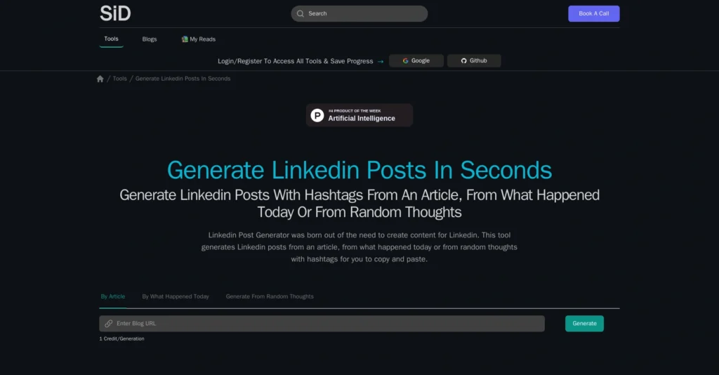 Linkedin Posts Generator interface showing homepage