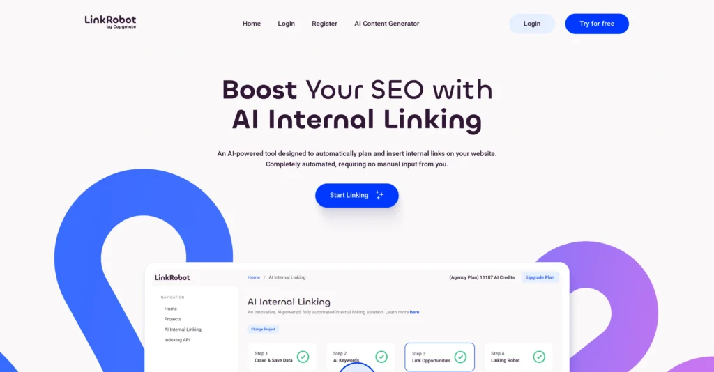 LinkRobot interface showing homepage
