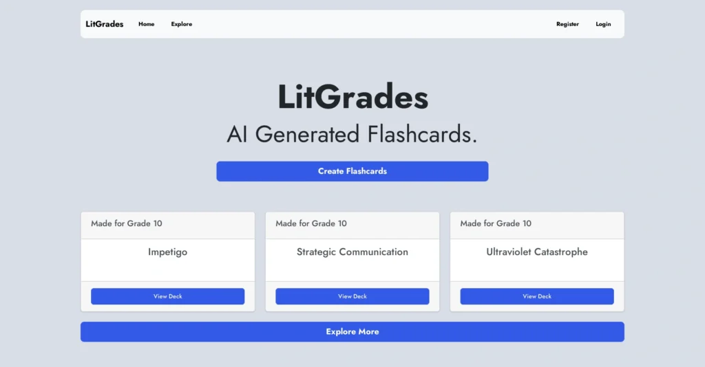 LitGrades interface showing homepage
