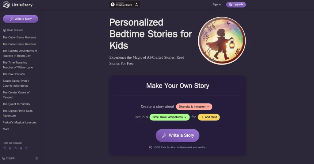 LittleStory.io interface showing homepage