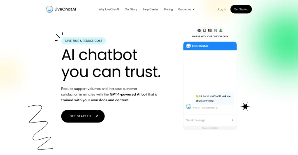 LiveChatAI interface showing homepage