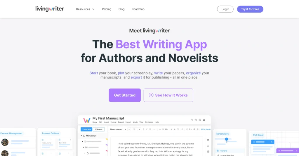 LivingWriter interface showing homepage