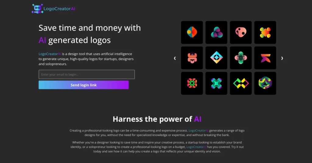 LogoCreatorAI interface showing homepage