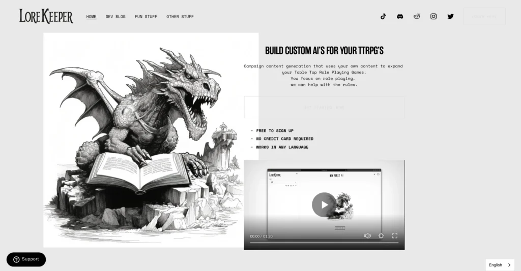 LoreKeeper interface showing homepage