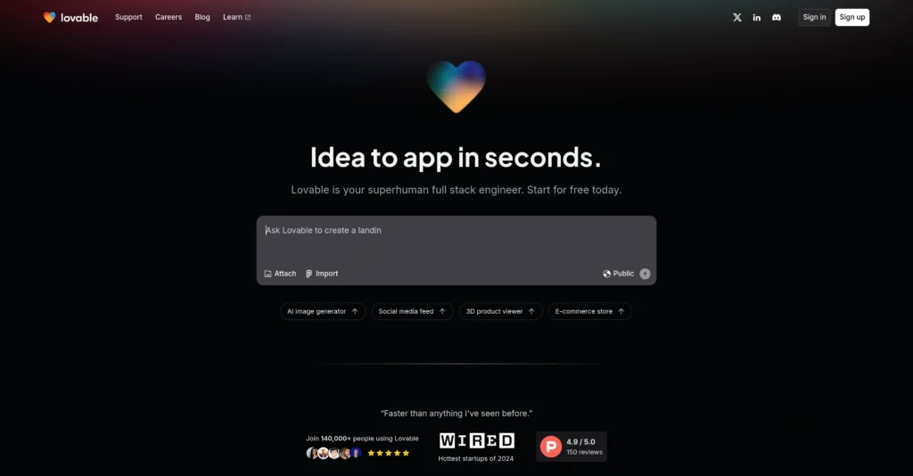 Lovablev2.2 interface showing homepage