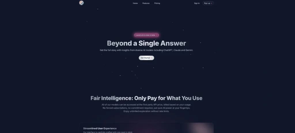 LunarLink interface showing homepage
