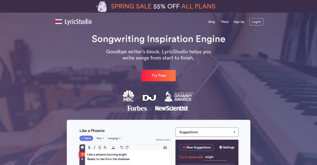 Lyric Studio interface showing homepage