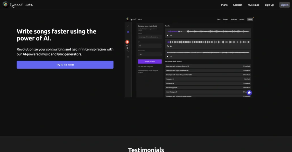 Lyricallabs interface showing homepage