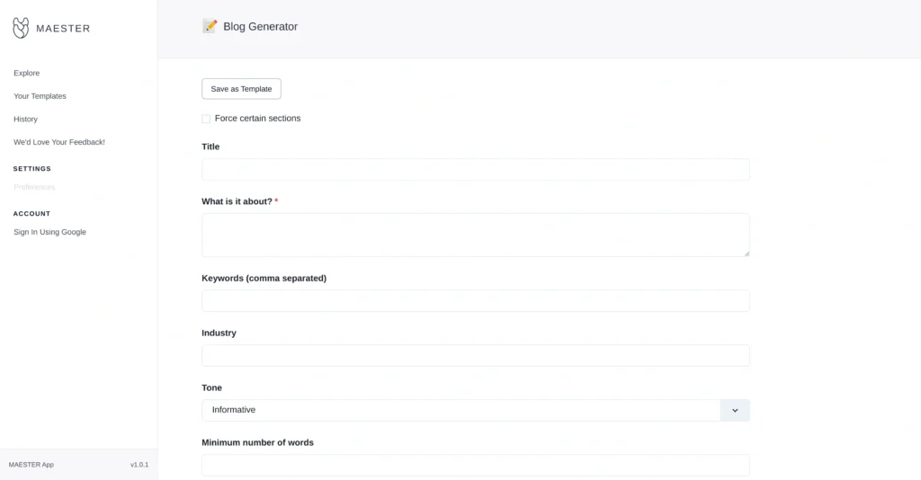 Maester blog creator interface showing homepage
