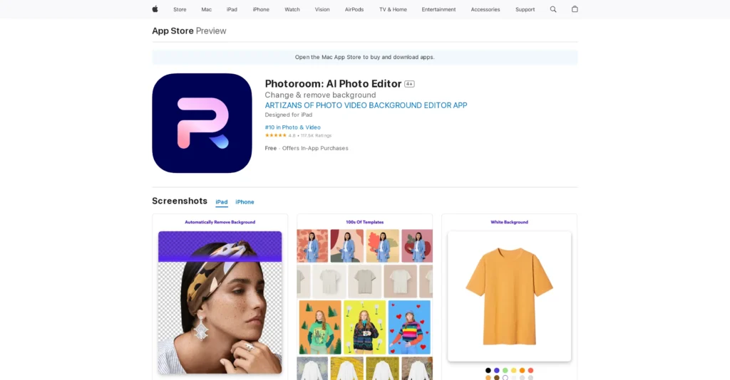 Photoroom: AI Photo Editor interface showing homepage