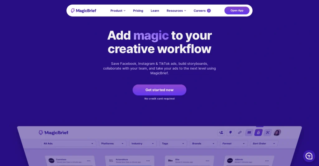 MagicBrief interface showing homepage