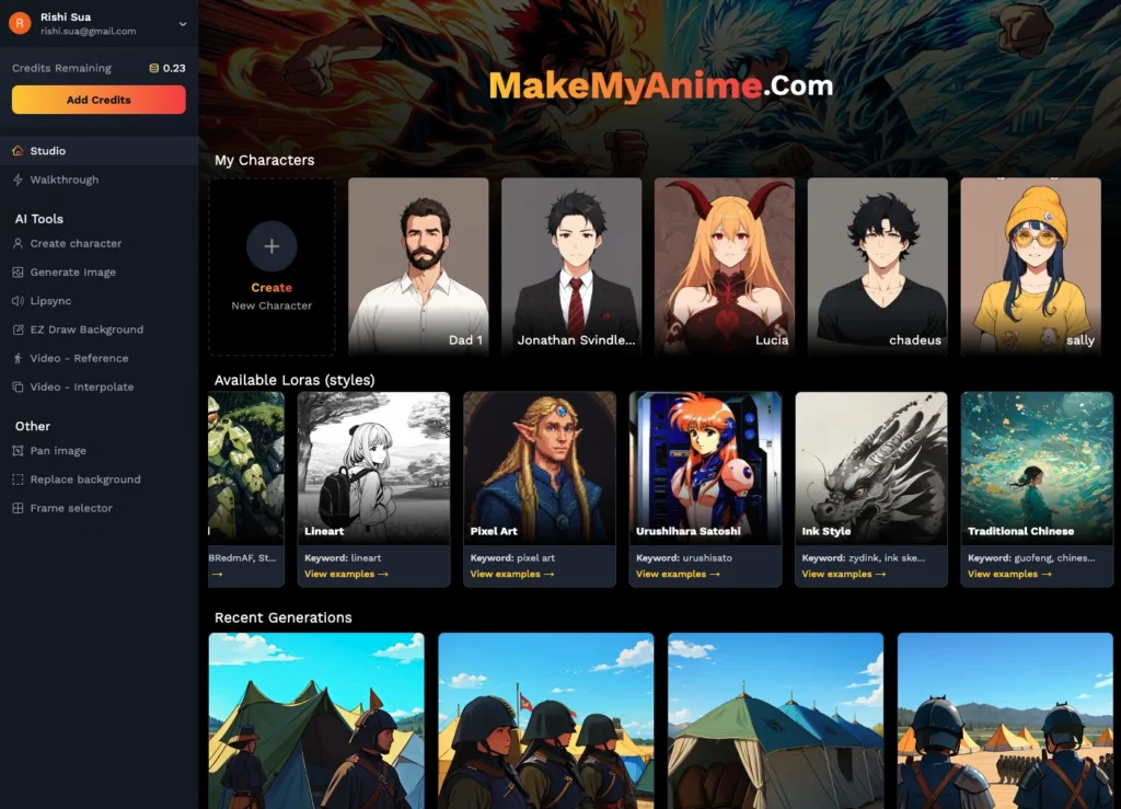 MakeMyAnime interface showing homepage