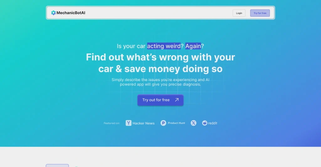 MechanicBotAI interface showing homepage