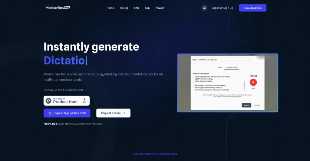 MediScribe Pro interface showing homepage