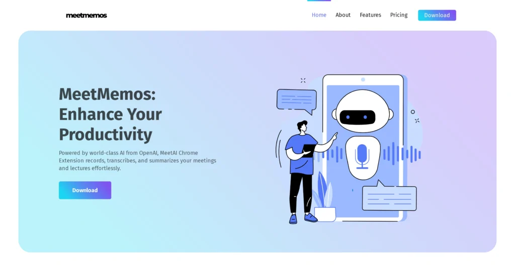 MeetMemos AI interface showing homepage