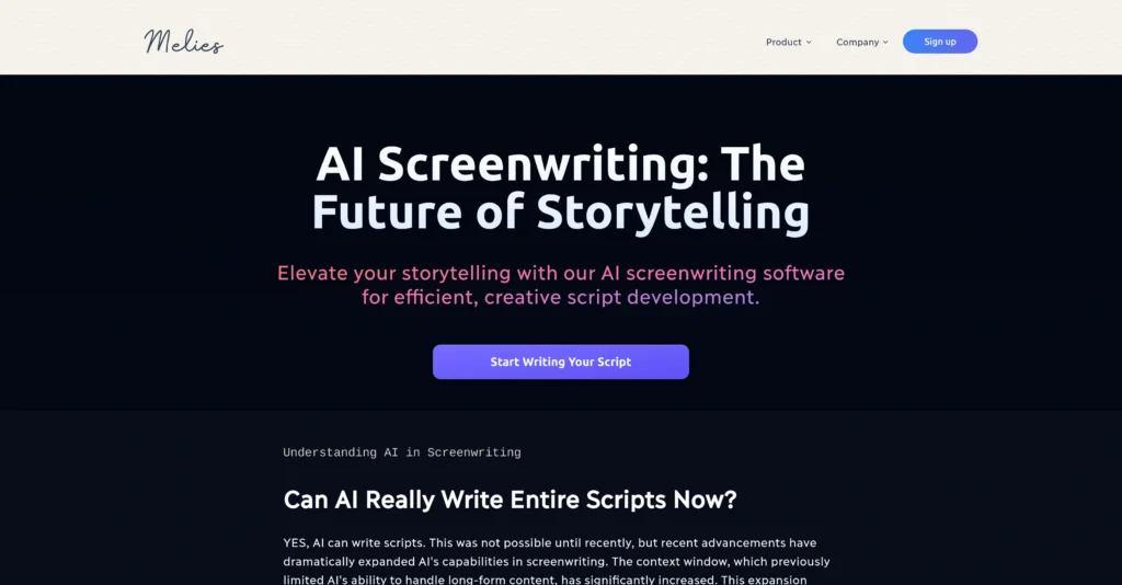 Melies AI Screenwriting Software interface showing homepage