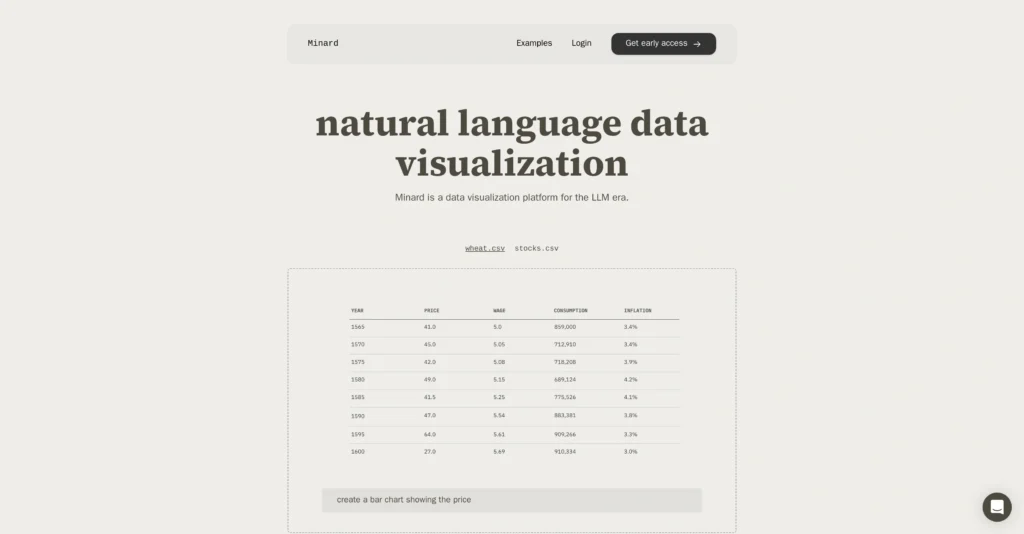 Minard interface showing homepage