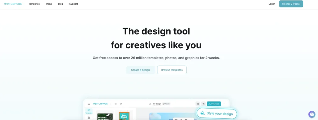 MiriCanvas interface showing homepage