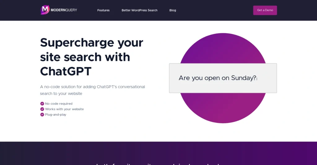 ModernQuery interface showing homepage